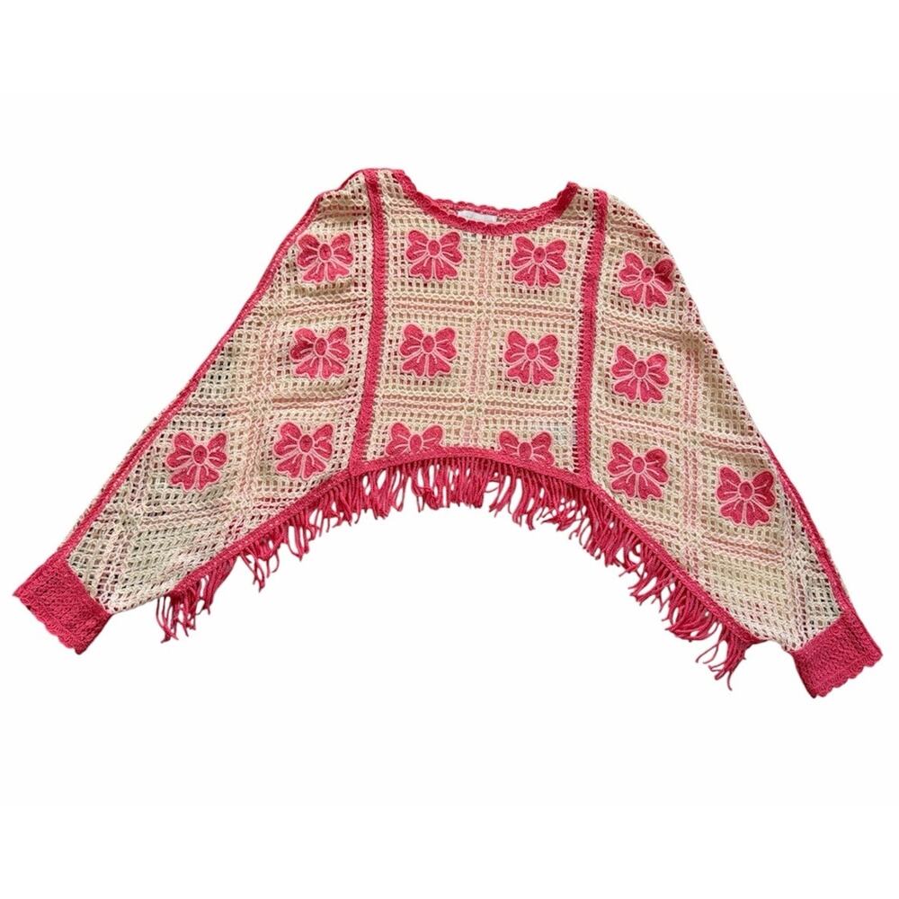 House Of Harlow Poncho OS Pink Bow Granny Square Knit Crochet Shawl Sweater READ - Picture 9 of 9